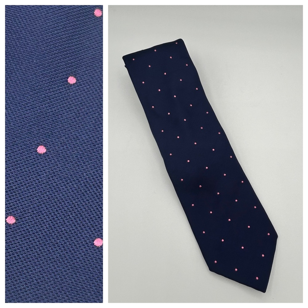Thomas Pink Navy Blue Pink Polka Dot Silk Tie Woven In England Mens Necktie